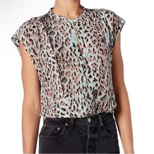 J. Crew Mint, Pink and‎ Black Leopard Print Blouse with Cap Sleeves, Size Medium